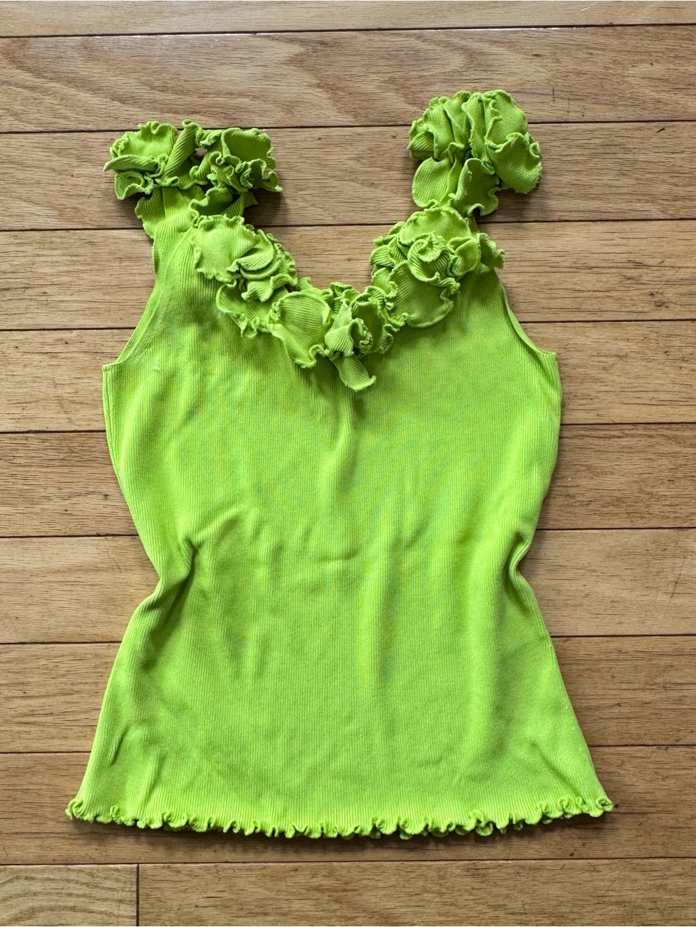 Vintage Venini Lime Green Ruffle Floral Tank Top Y2K Fairy Grunge M